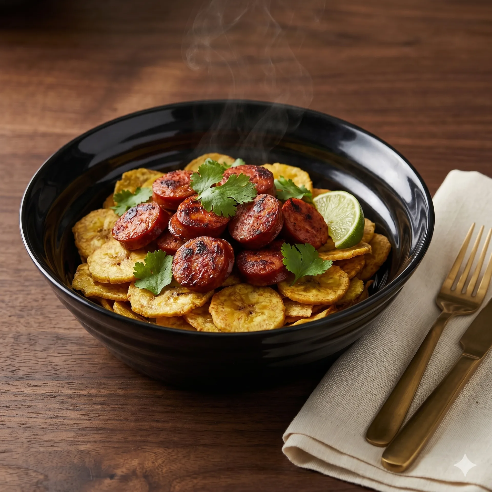 Chorizo con Chips de Plátano en restaurante La Mesa de Oro, Tuluá Valle del Cauca