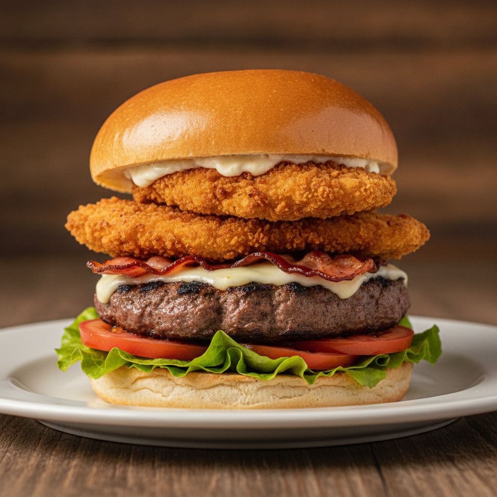 Hamburguesa Angus Crispy Chicken en restaurante La Mesa de Oro, Tuluá Valle del Cauca